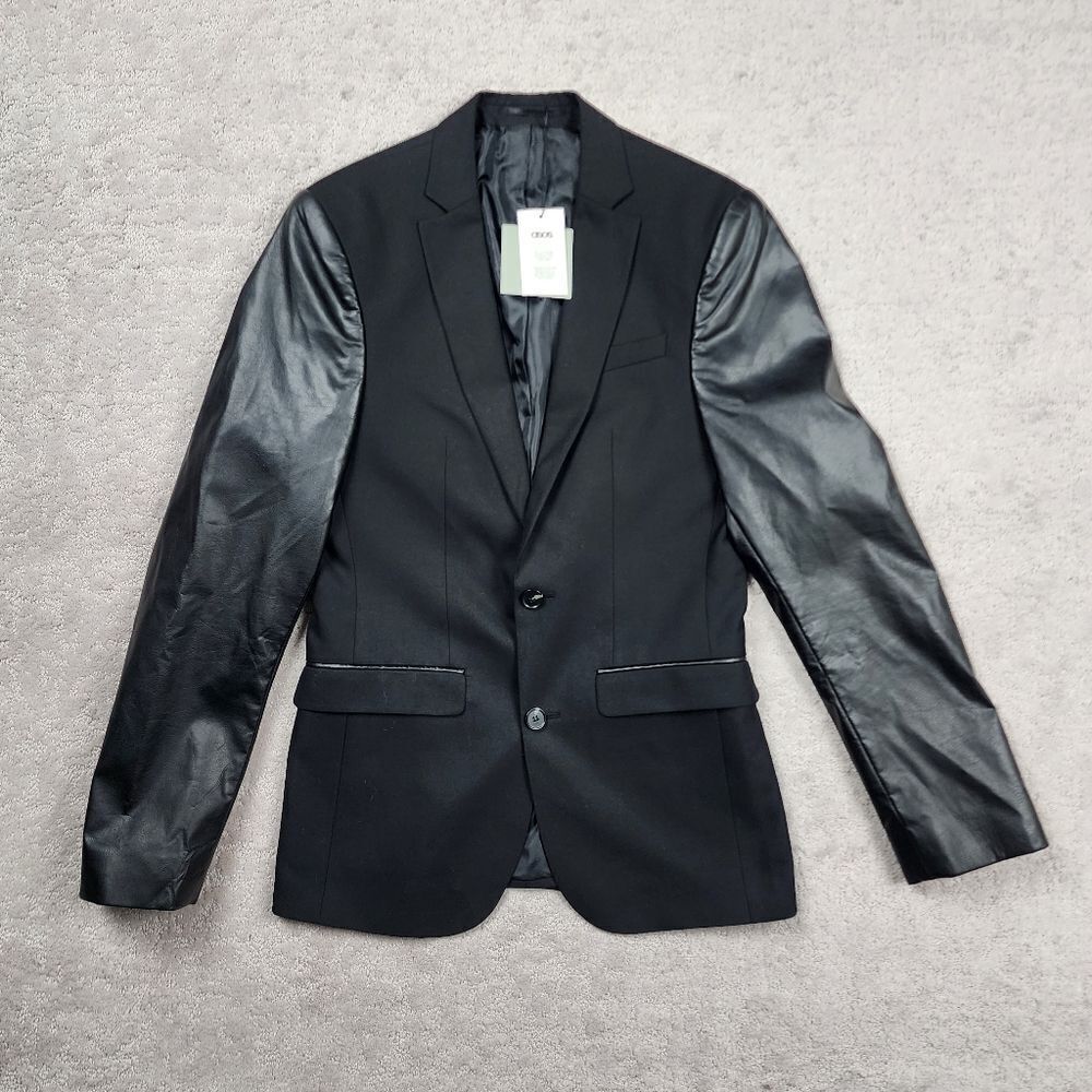 ASOS Tuxcedo Blazer Button Front Pleather Sleeves Size 34"